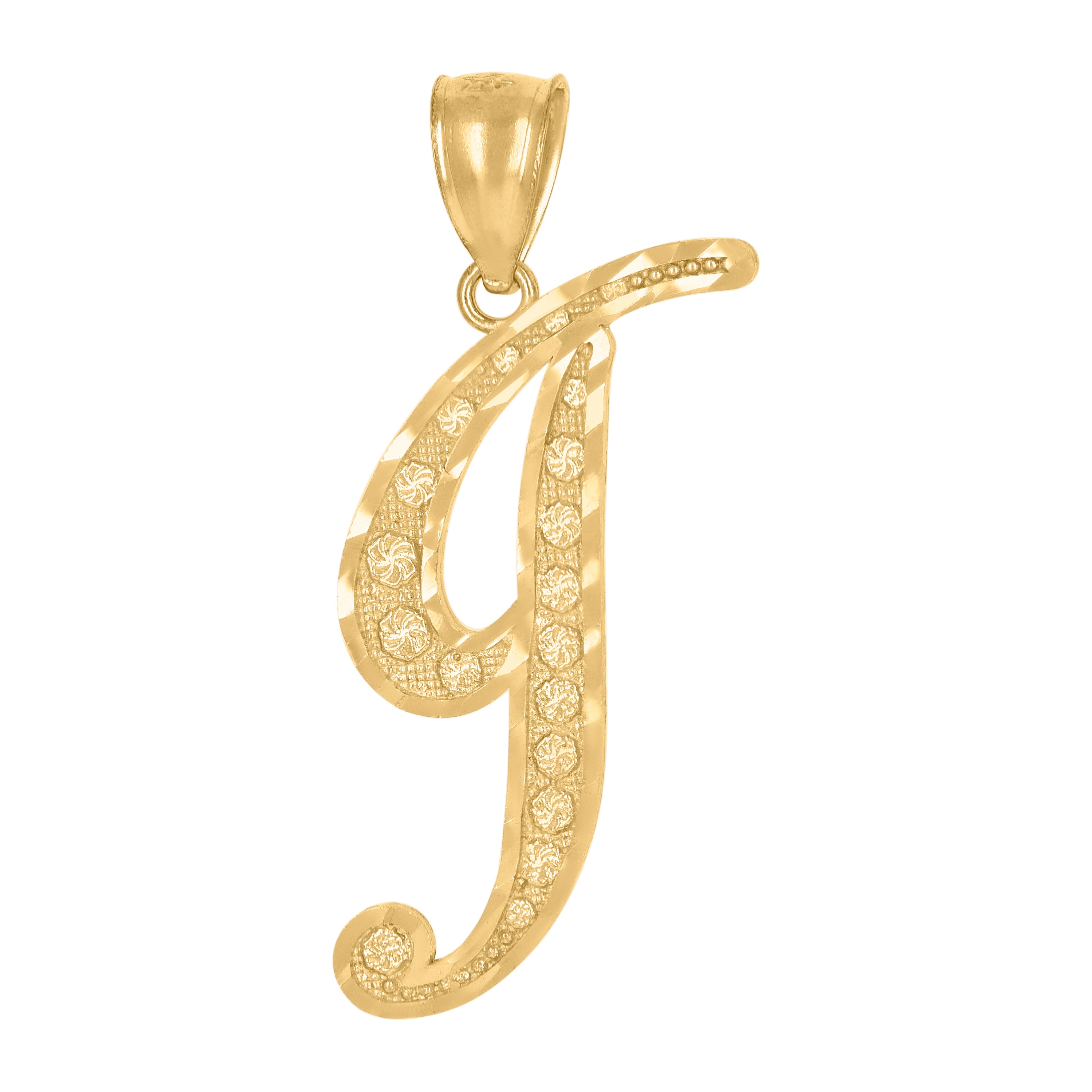 10Kt Yellow Gold Unisex Diamond-Cut Floral Initial Letter Alphabet I Charm Pendant