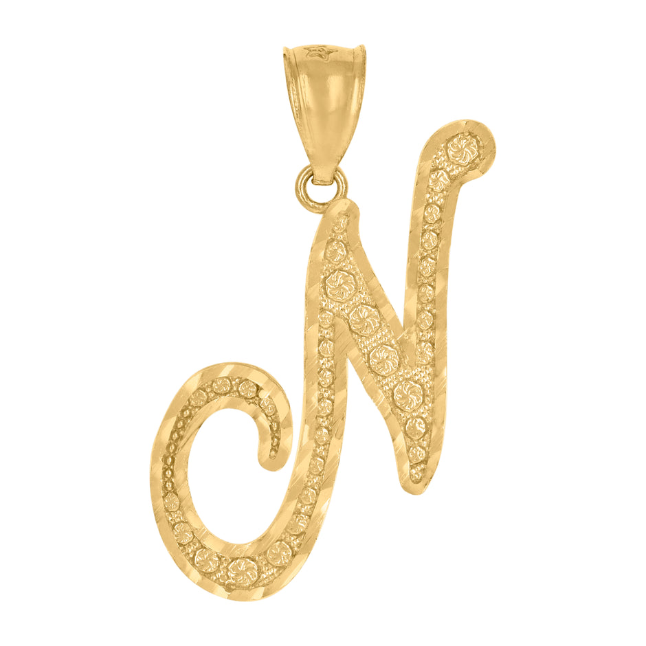 10Kt Yellow Gold Unisex Diamond-Cut Floral Initial Letter Alphabet N Charm Pendant