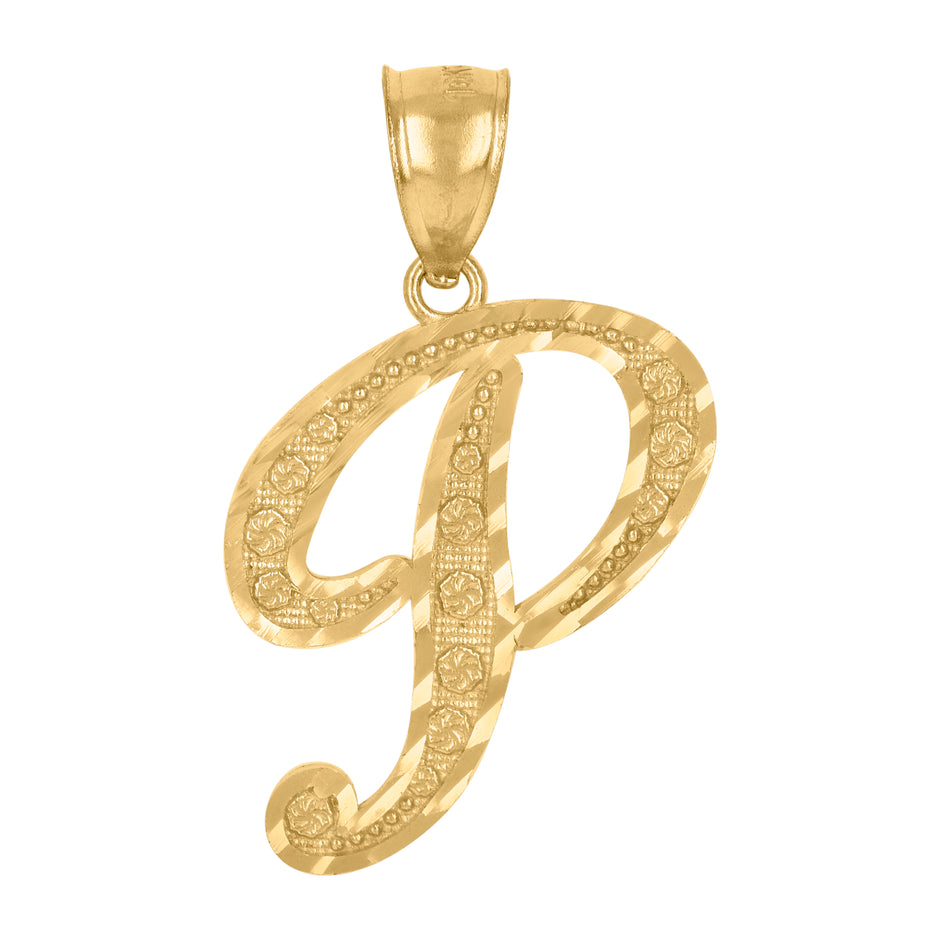 10Kt Yellow Gold Unisex Diamond-Cut Floral Initial Letter Alphabet P Charm Pendant