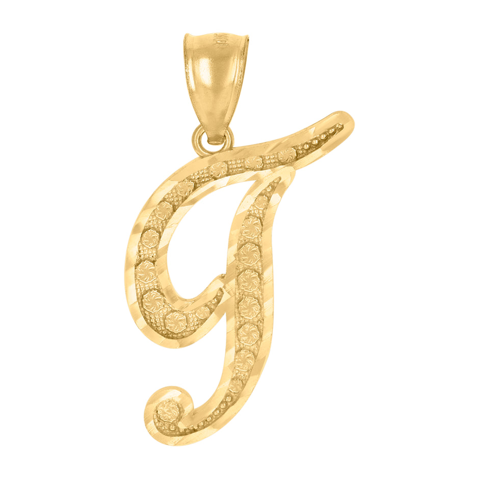 10Kt Yellow Gold Unisex Diamond-Cut Floral Initial Letter Alphabet T Charm Pendant