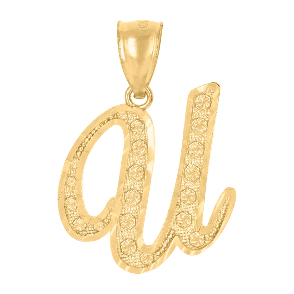 10Kt Yellow Gold Unisex Diamond-Cut Floral Initial Letter Alphabet U Charm Pendant