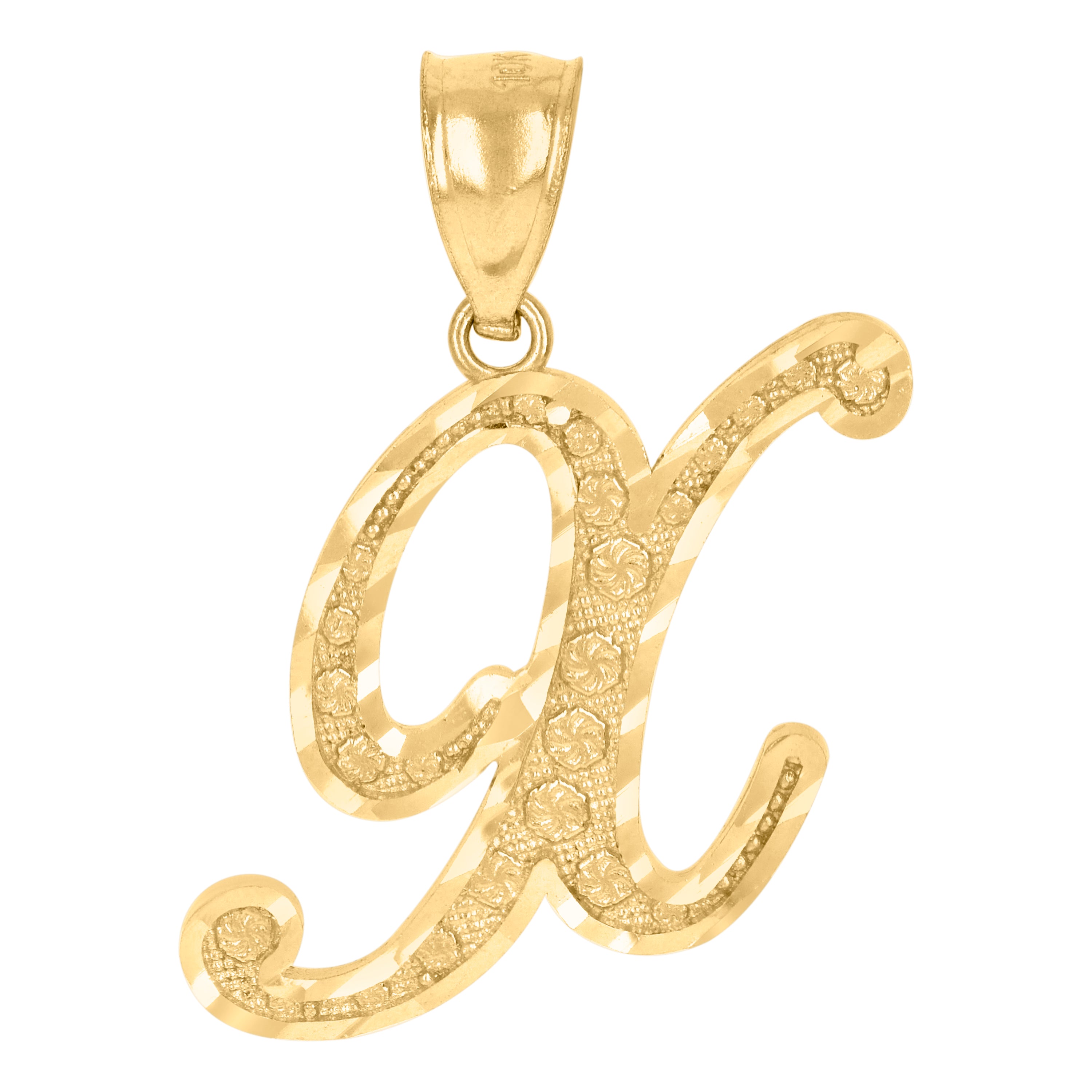 10Kt Yellow Gold Unisex Diamond-Cut Floral Initial Letter Alphabet X Charm Pendant