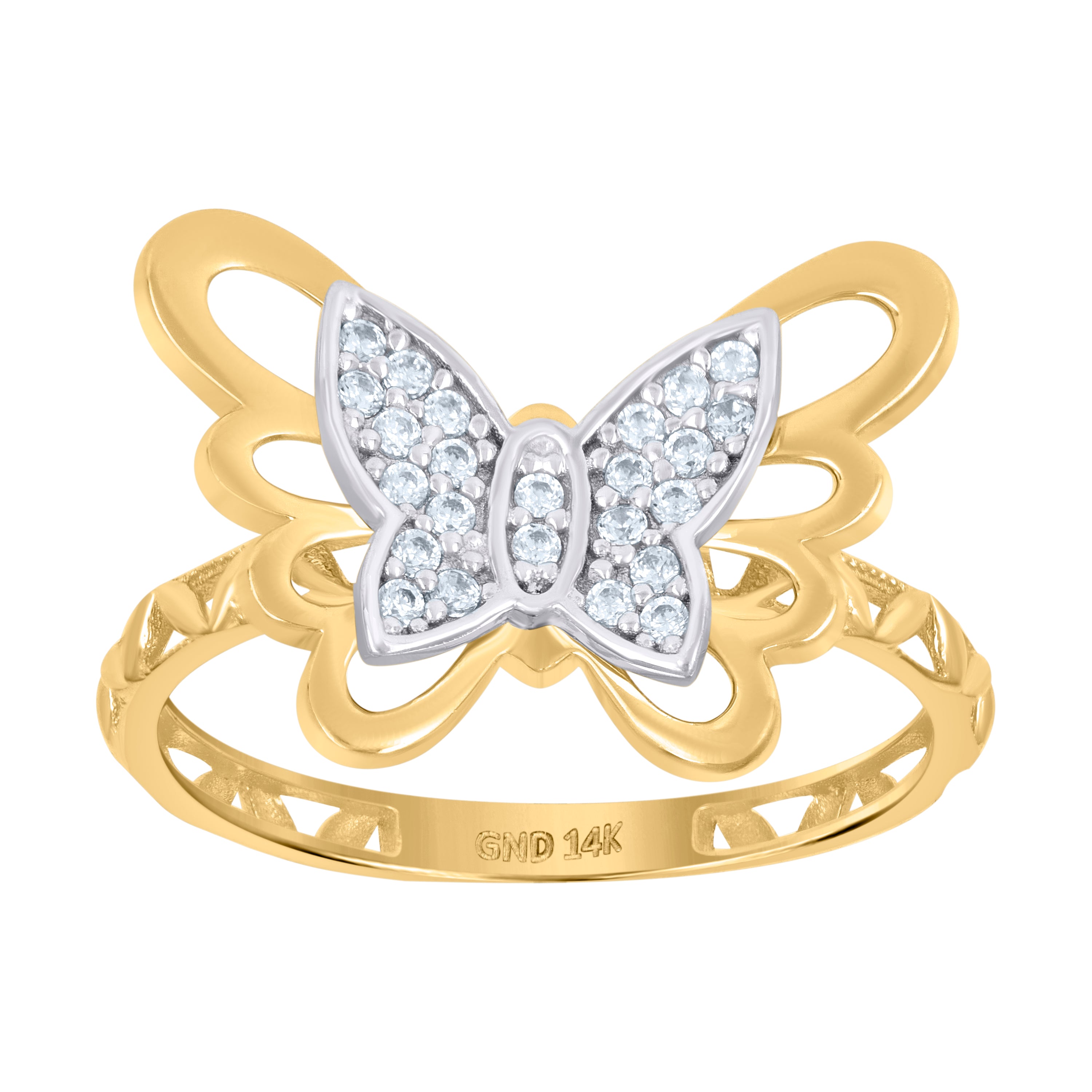14kt Two-Tone Gold Womens Cubic-Zirconia Butterfly Fashion Ring