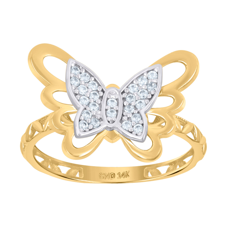 14kt Two-Tone Gold Womens Cubic-Zirconia Butterfly Fashion Ring