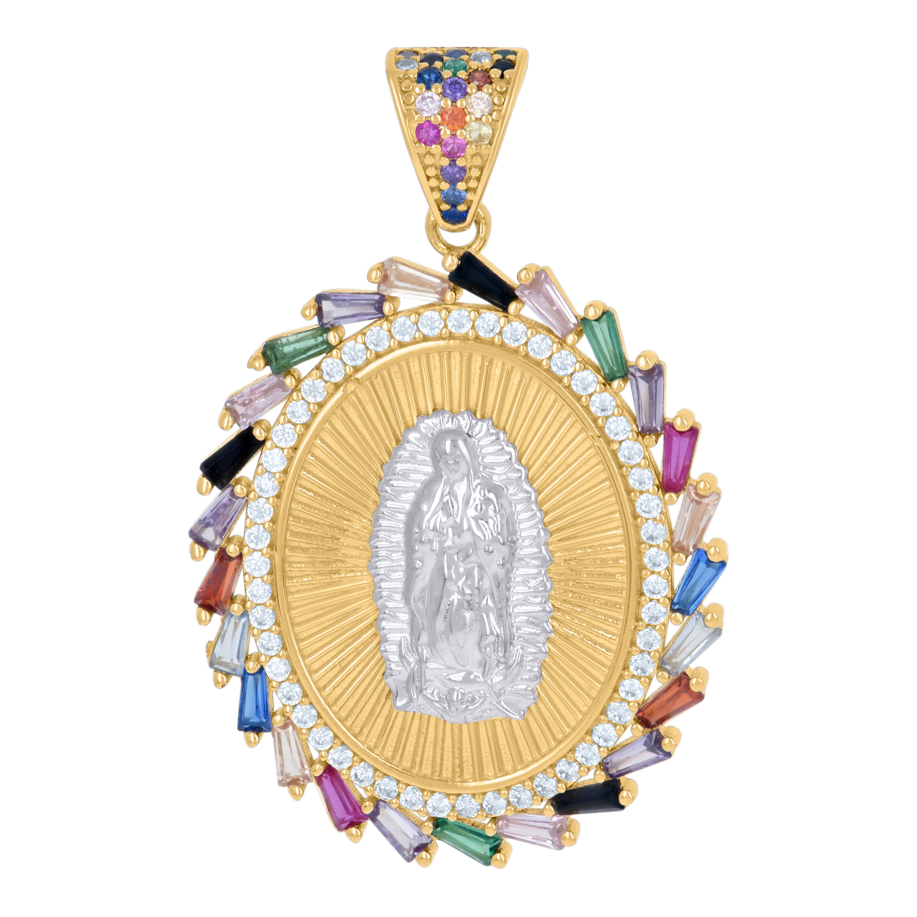 14Kt Two-Tone Gold Womens Multi-Color Baguette Round Cubic-Zirconia Guadalupe Religious Charm Pendant