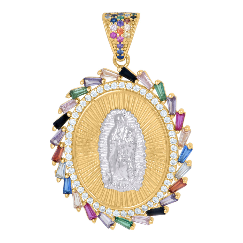 14Kt Two-Tone Gold Womens Multi-Color Baguette Round Cubic-Zirconia Guadalupe Religious Charm Pendant
