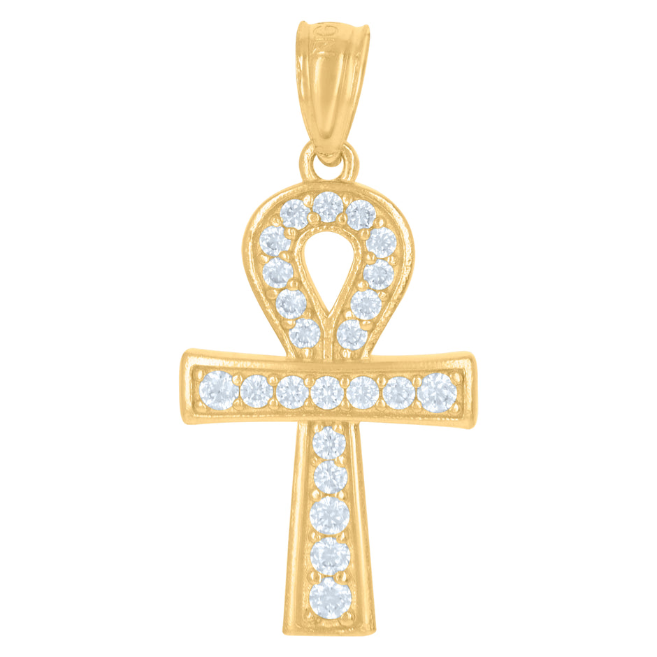 10kt Yellow Gold Womens Cubic-Zirconia Egyptian Ankh Cross Religious Charm Pendant