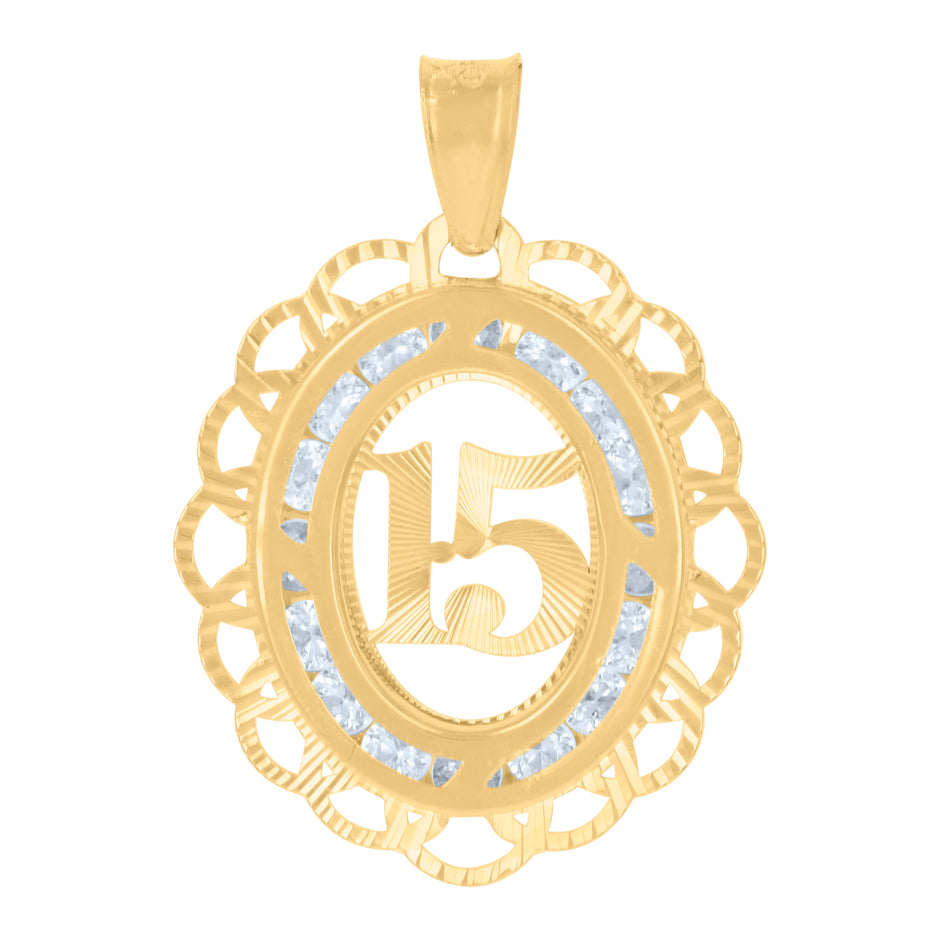 10kt Yellow Gold Womens Cubic-Zirconia 15 Quinceanera Charm Pendant