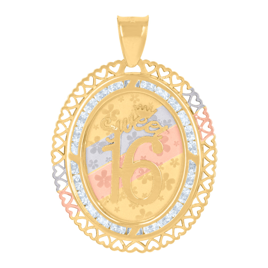 10kt Tri-Color Gold Womens Cubic-Zirconia Hearts Border Sweet 16 Quinceanera Charm Pendant