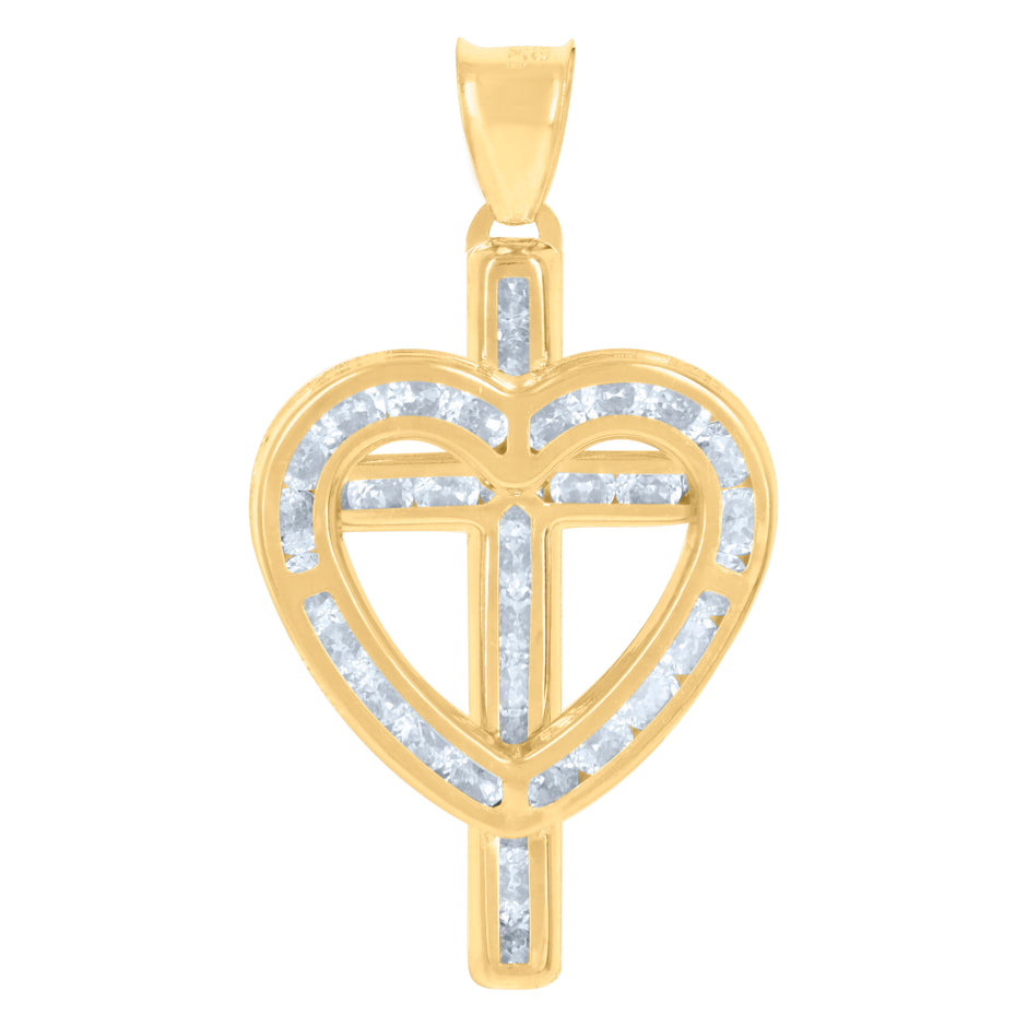 10kt Yellow Gold Womens Cubic-Zirconia Heart Cross Religious Charm Pendant
