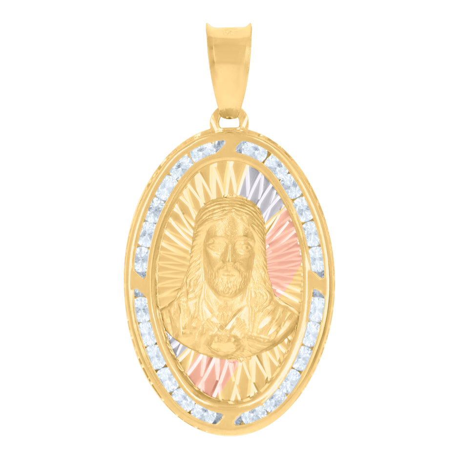 10kt Tri-Color Gold Mens Cubic-Zirconia Jesus Religious Charm Pendant