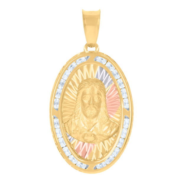 10kt Tri-Color Gold Mens Cubic-Zirconia Jesus Religious Charm Pendant