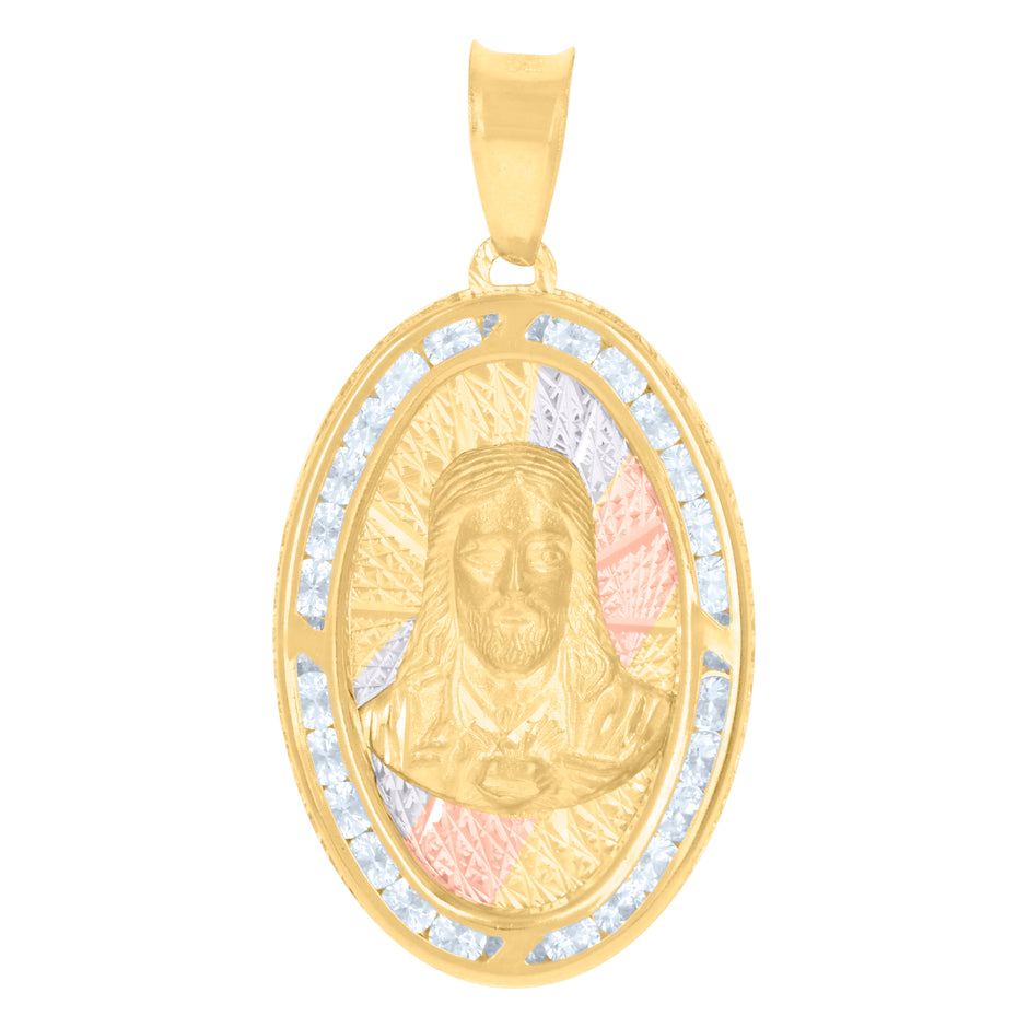 10kt Tri-Color Gold Mens Cubic-Zirconia Jesus Religious Charm Pendant