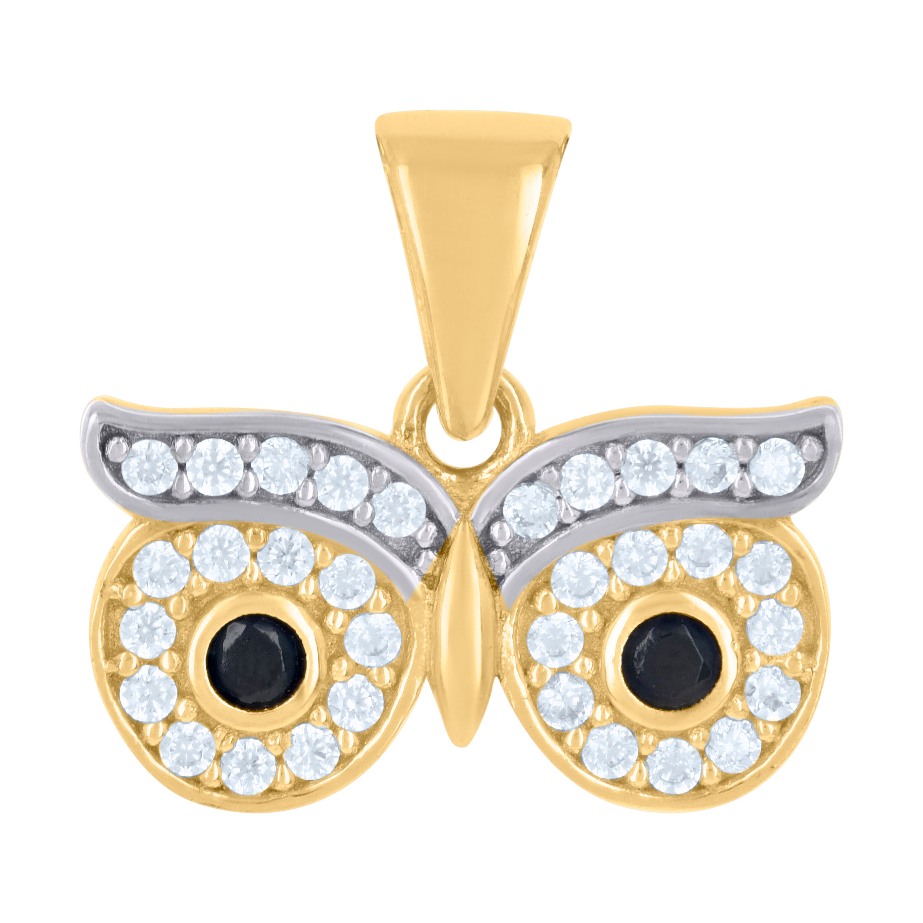 10kt Two-tone Gold Womens Black White Cubic-Zirconia Owl Eyes Bird Wildlife Charm Pendant