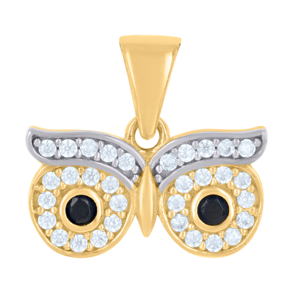 10kt Two-tone Gold Womens Black White Cubic-Zirconia Owl Eyes Bird Wildlife Charm Pendant