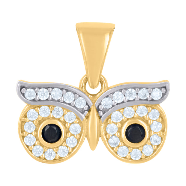 10kt Two-tone Gold Womens Black White Cubic-Zirconia Owl Eyes Bird Wildlife Charm Pendant