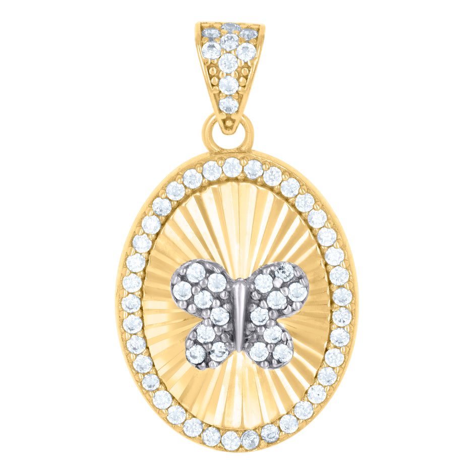 10kt Two-tone Gold Womens Cubic-Zirconia Oval Medallion Butterfly Insect Wildlife Charm Pendant
