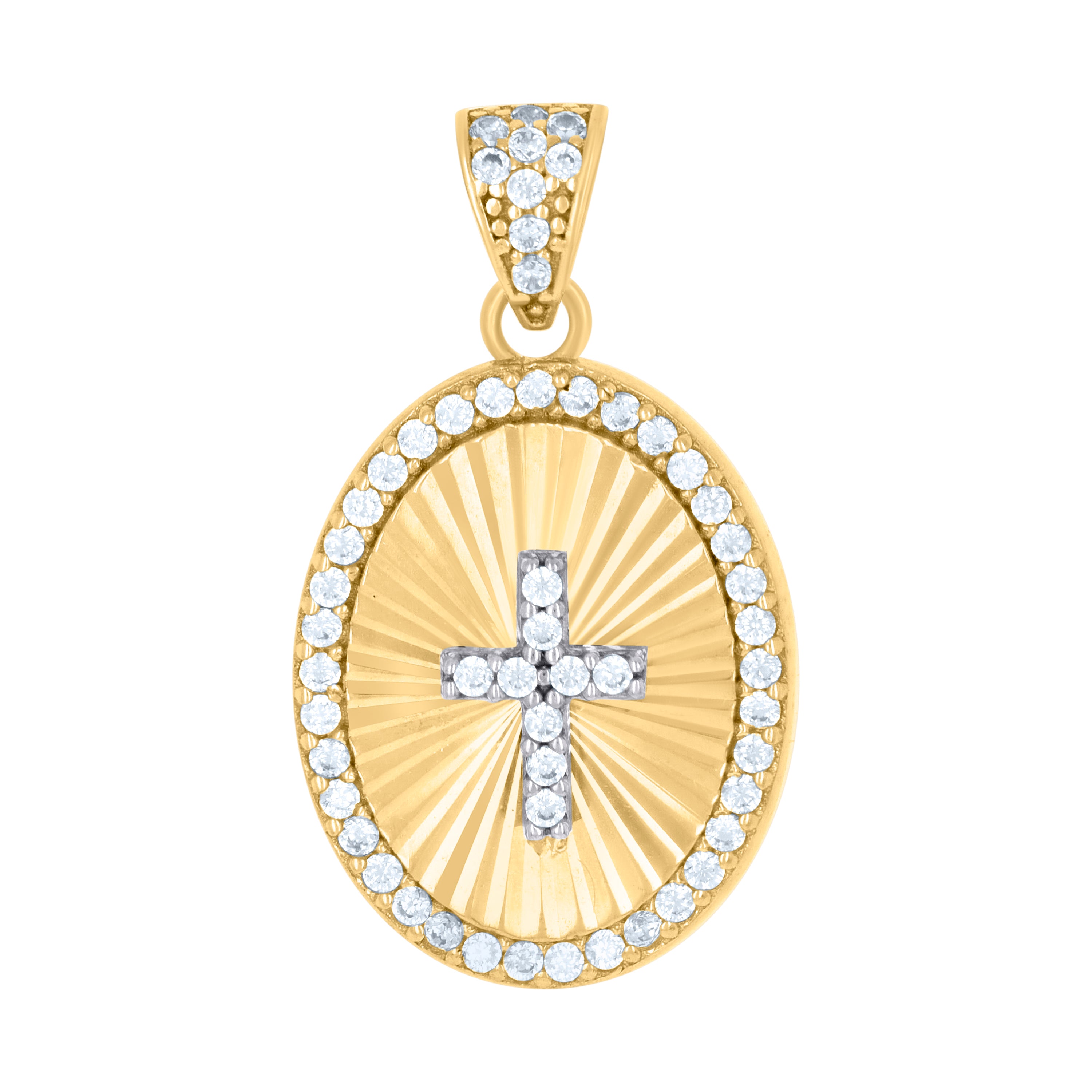10kt Two-tone Gold Womens Cubic-Zirconia Oval Medallion Cross Religious Charm Pendant