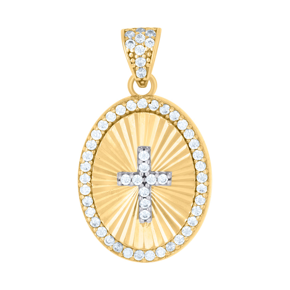10kt Two-tone Gold Womens Cubic-Zirconia Oval Medallion Cross Religious Charm Pendant