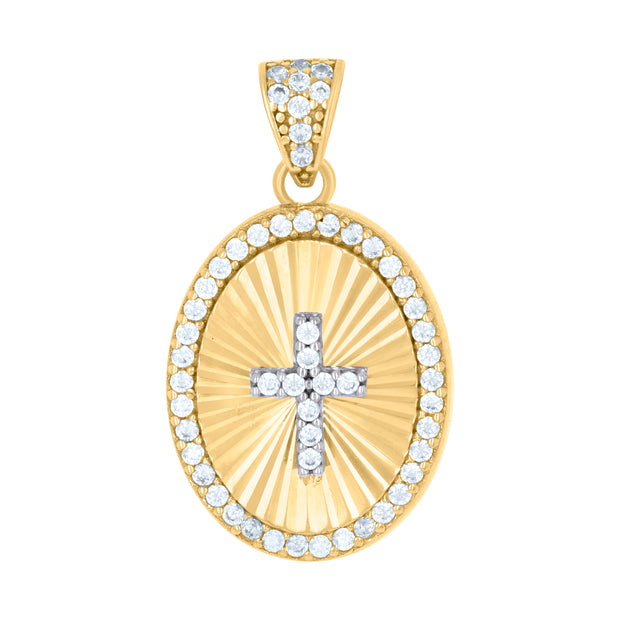 10kt Two-tone Gold Womens Cubic-Zirconia Oval Medallion Cross Religious Charm Pendant