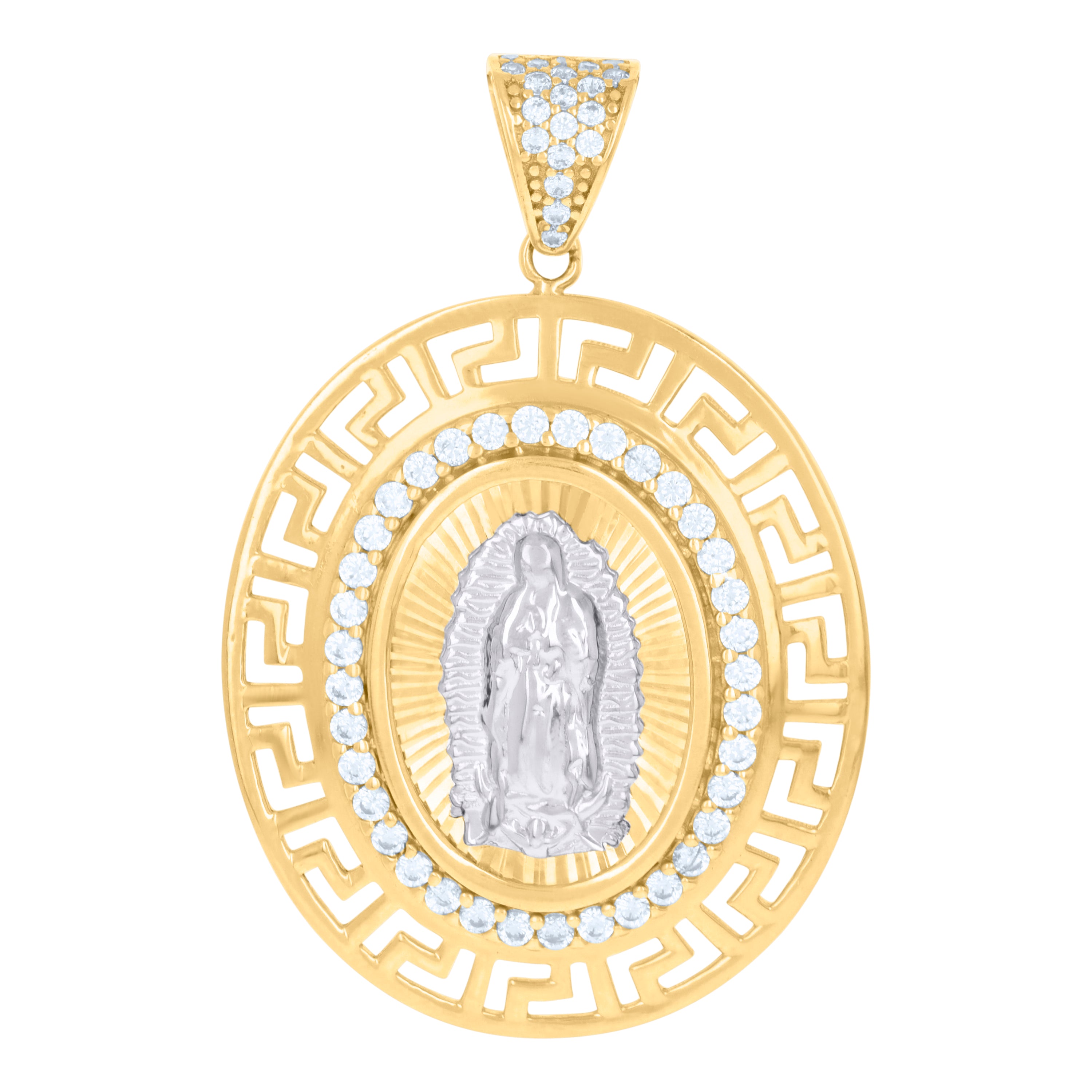 10kt Two-tone Gold Unisex Cubic-Zirconia Greek Key Border Oval Medallion Guadalupe Religious Charm Pendant