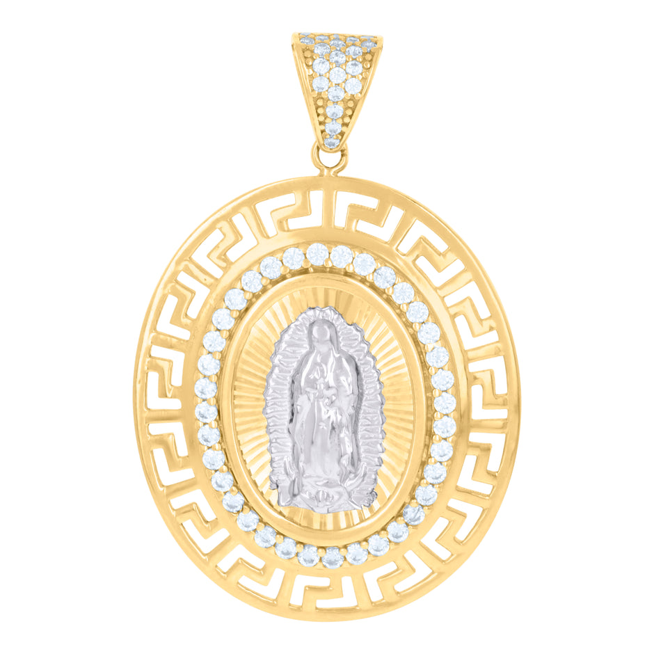 10kt Two-tone Gold Unisex Cubic-Zirconia Greek Key Border Oval Medallion Guadalupe Religious Charm Pendant
