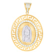 10kt Two-tone Gold Unisex Cubic-Zirconia Greek Key Border Oval Medallion Guadalupe Religious Charm Pendant