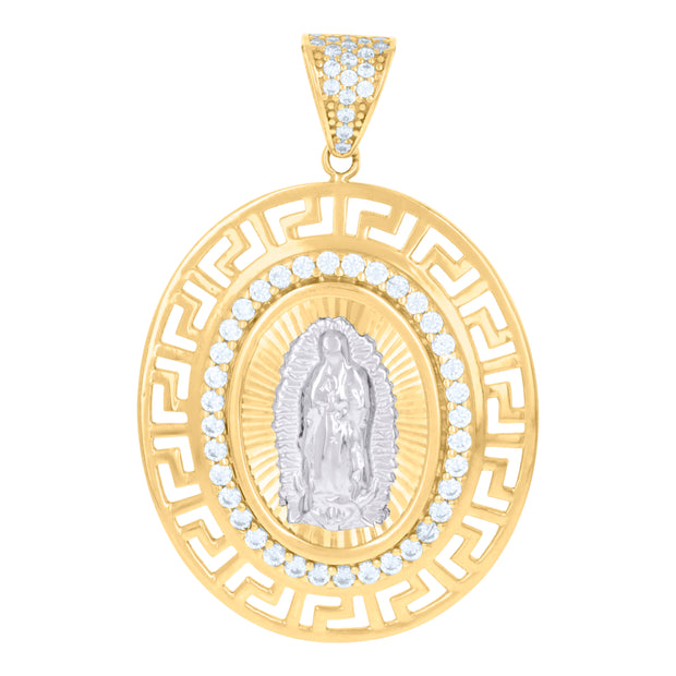 10kt Two-tone Gold Unisex Cubic-Zirconia Greek Key Border Oval Medallion Guadalupe Religious Charm Pendant