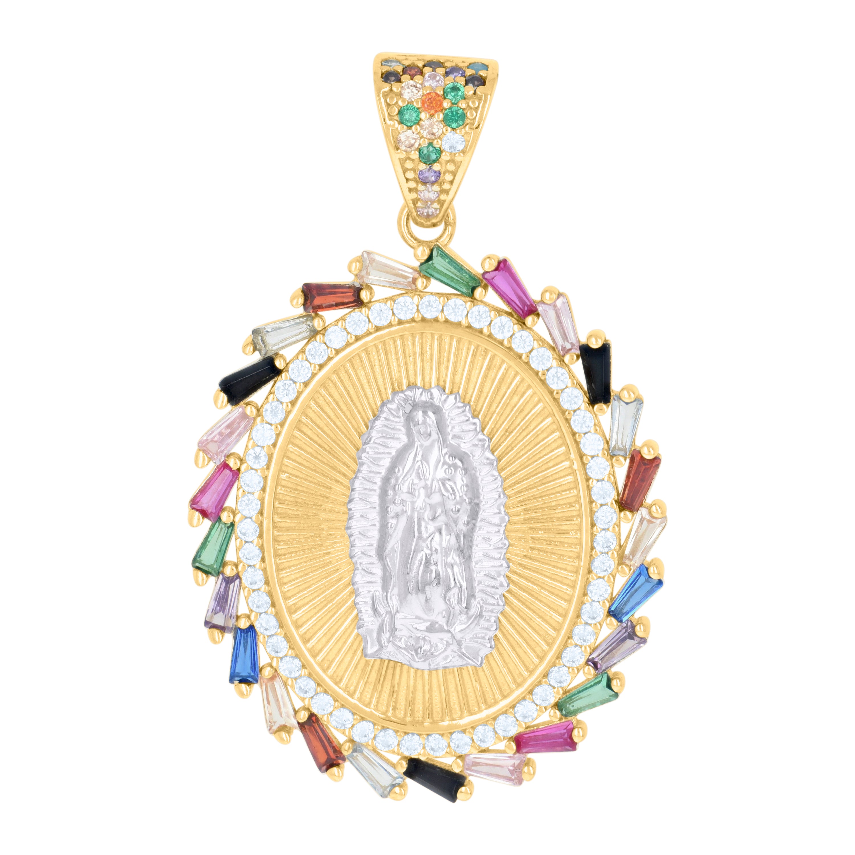 10kt Two-tone Gold Womens Multi-color Baguette Round Cubic-Zirconia Oval Medallion Guadalupe Religious Charm Pendant