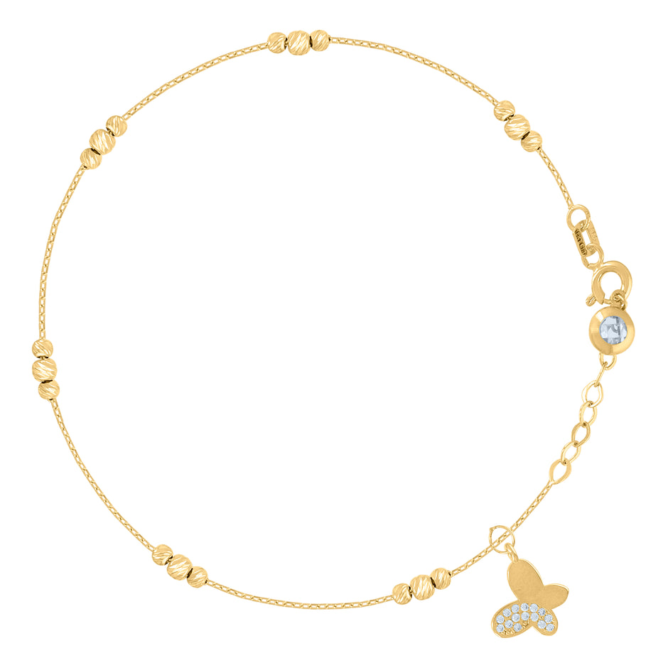10kt Yellow Gold Womens Cubic-Zirconia Butterfly Beaded Charm 8" Bracelet