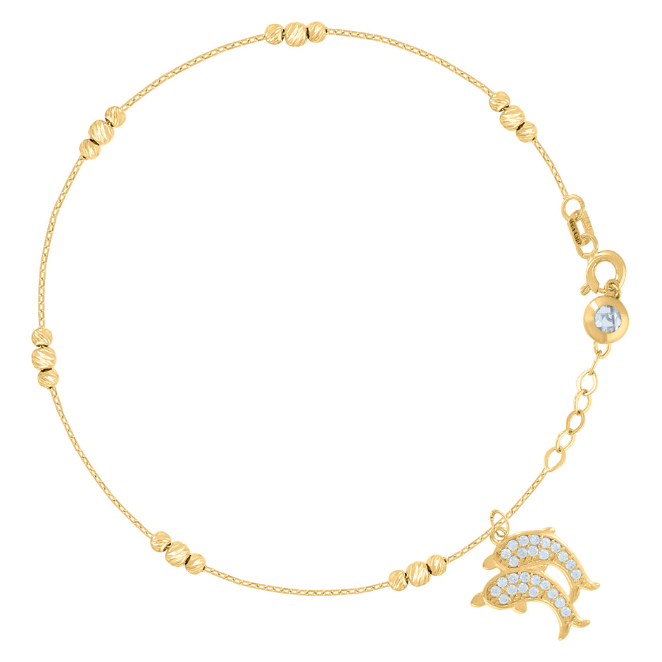 10kt Yellow Gold Womens Cubic-Zirconia Jumping Dolphins Beaded Charm 8" Bracelet