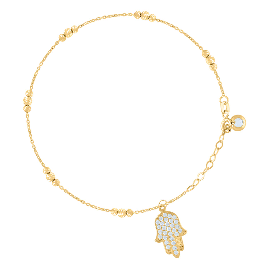 10kt Yellow Gold Womens Cubic-Zirconia Hamsa Beaded Religious Charm 8" Bracelet