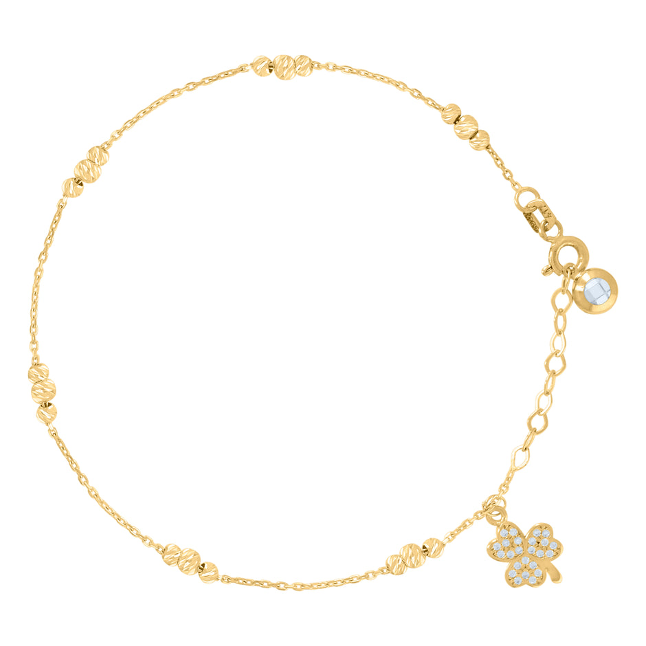 10kt Yellow Gold Womens Cubic-Zirconia Clover Beaded Good Luck Charm 8" Bracelet