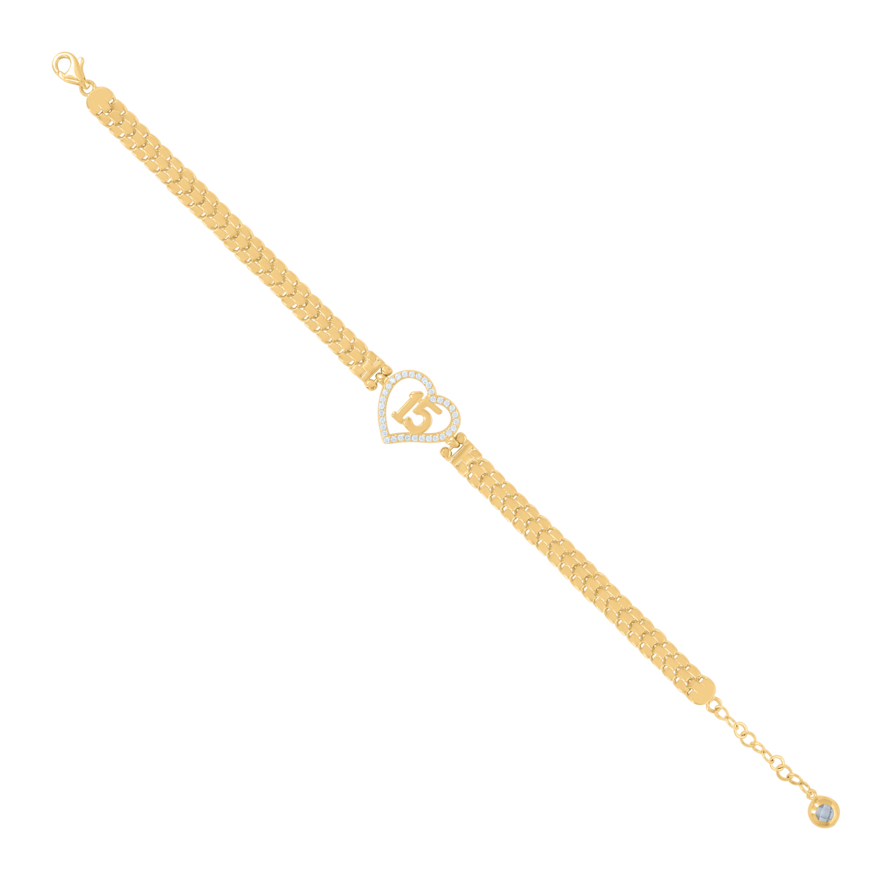 10kt Yellow Gold Womens Cubic-Zirconia Quinceanera Sweet 15 Heart Charm Bracelet Size 8 Inches