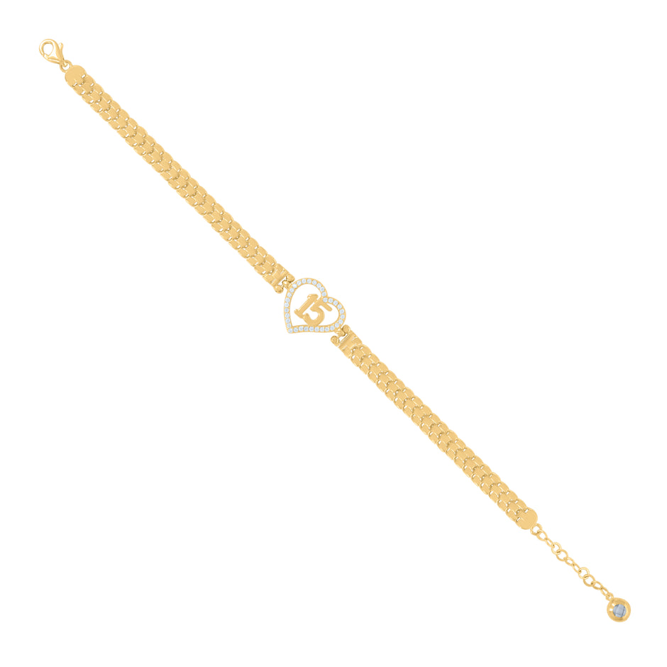 10kt Yellow Gold Womens Cubic-Zirconia Quinceanera Sweet 15 Heart Charm Bracelet Size 8 Inches