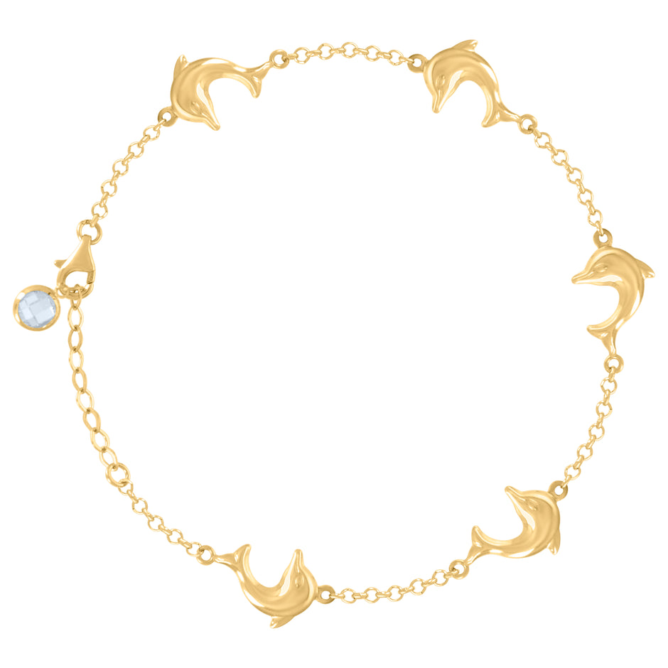 10kt Yellow Gold Womens Cubic-Zirconia Dolphin Link Charm 8" Bracelet