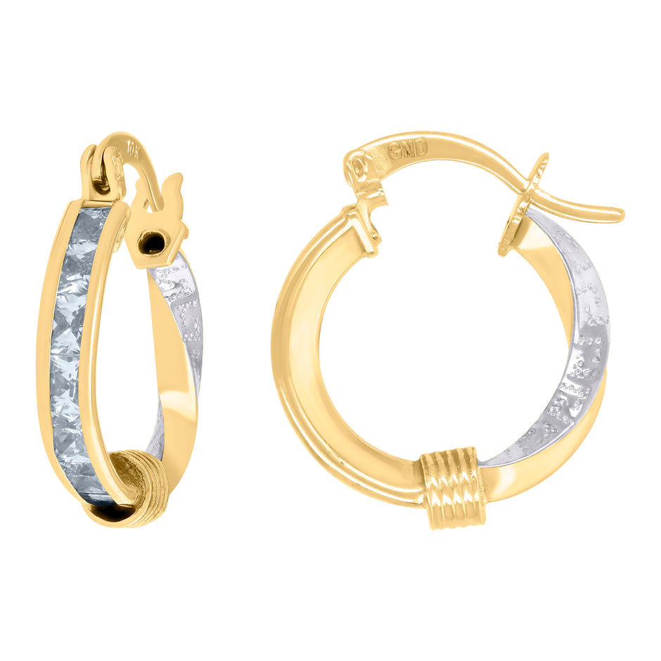 10kt Two-Tone Gold Womens Baguette Cubic-Zirconia Textured Twisted Hoops Huggies Earrings 