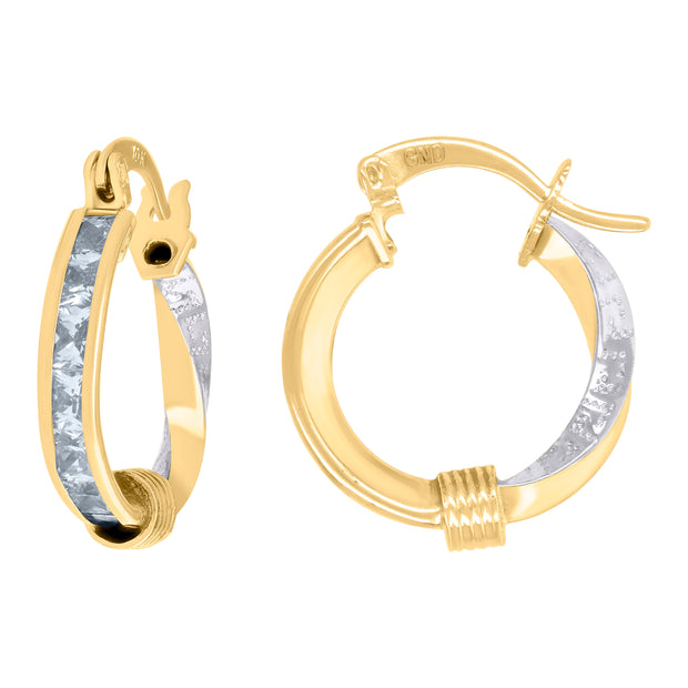 10kt Two-Tone Gold Womens Baguette Cubic-Zirconia Textured Twisted Hoops Huggies Earrings 