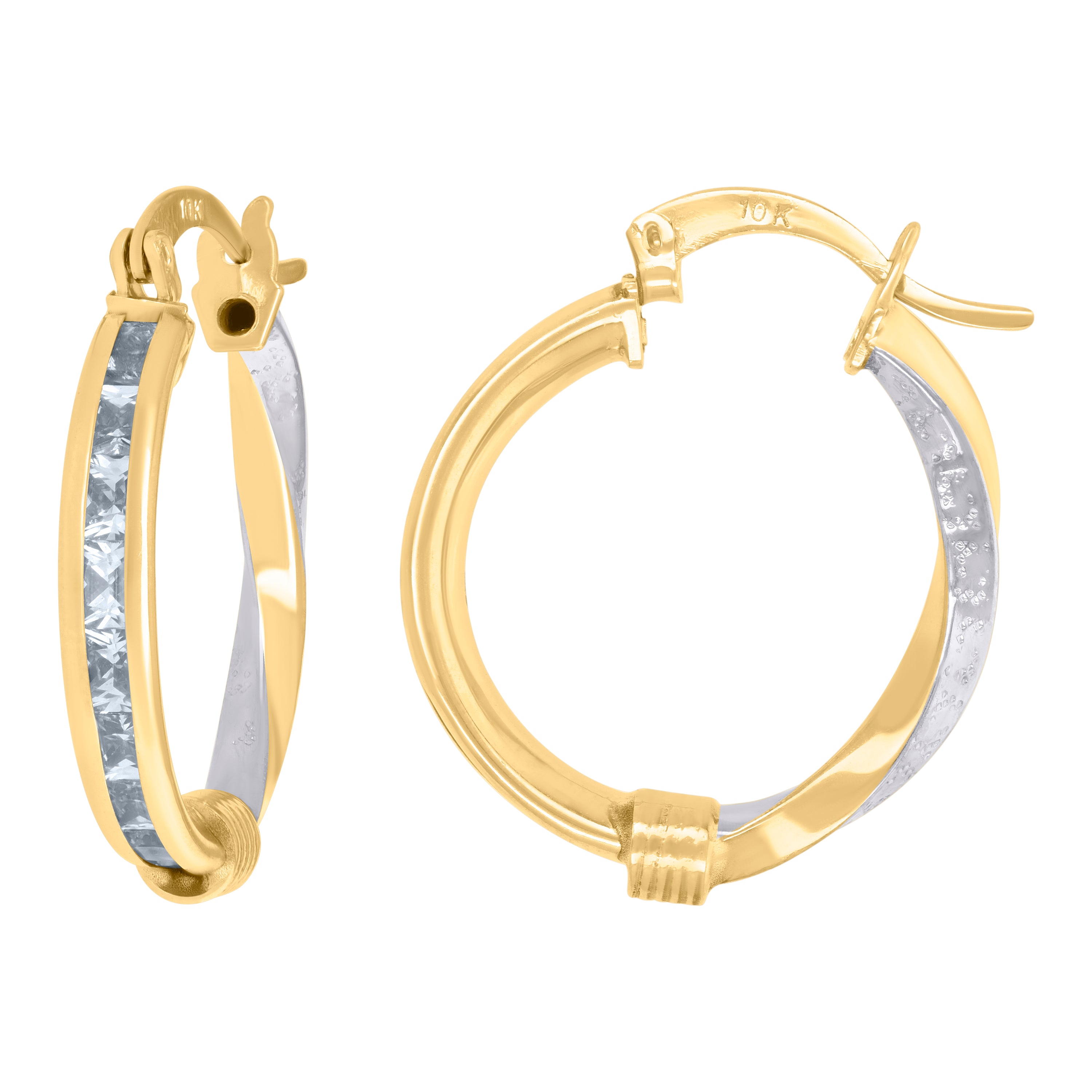 10kt Two-Tone Gold Womens Baguette Cubic-Zirconia Textured Twisted Hoops Huggies Earrings 