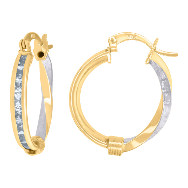 10kt Two-Tone Gold Womens Baguette Cubic-Zirconia Textured Twisted Hoops Huggies Earrings 