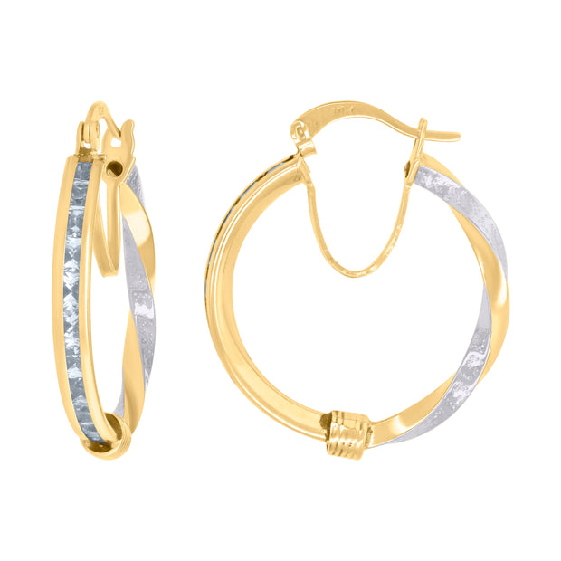 10kt Two-Tone Gold Womens Baguette Cubic-Zirconia Textured Twisted Hoops Huggies Earrings 