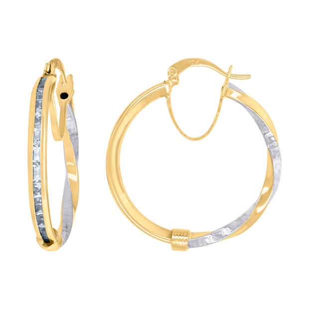 10kt Two-Tone Gold Womens Baguette Cubic-Zirconia Textured Twisted Hoops Huggies Earrings 