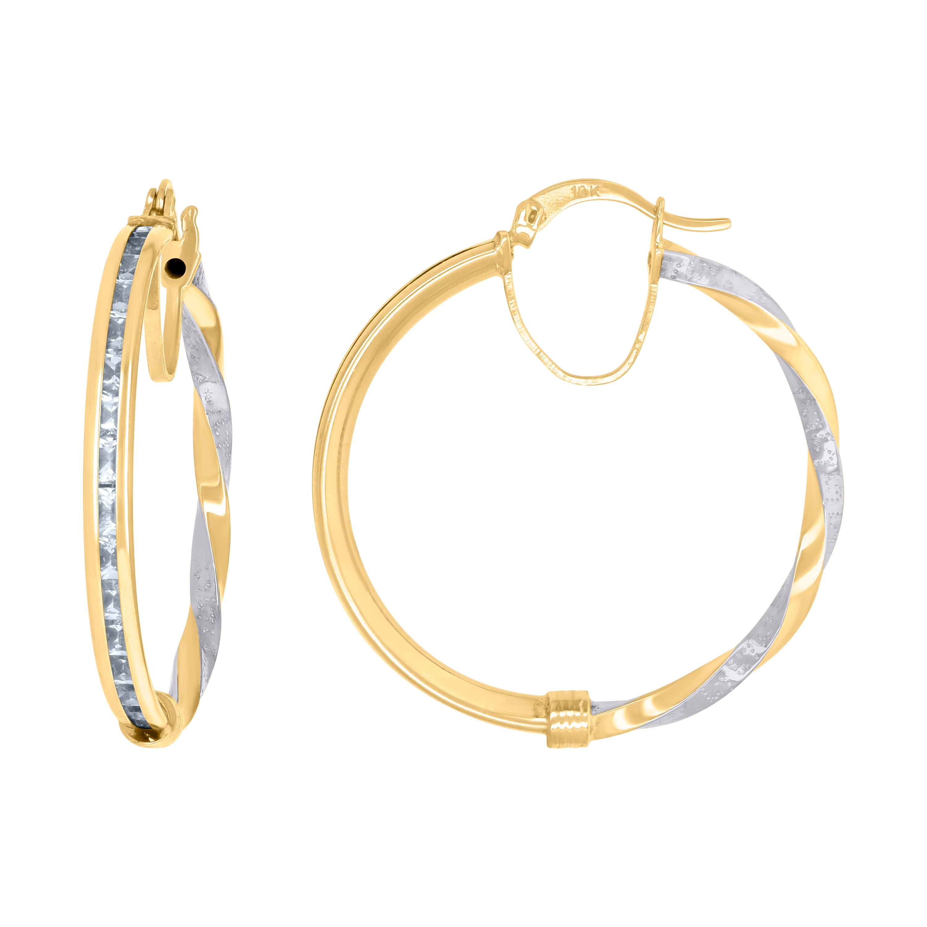 10kt Two-Tone Gold Womens Baguette Cubic-Zirconia Textured Twisted Hoops Huggies Earrings 