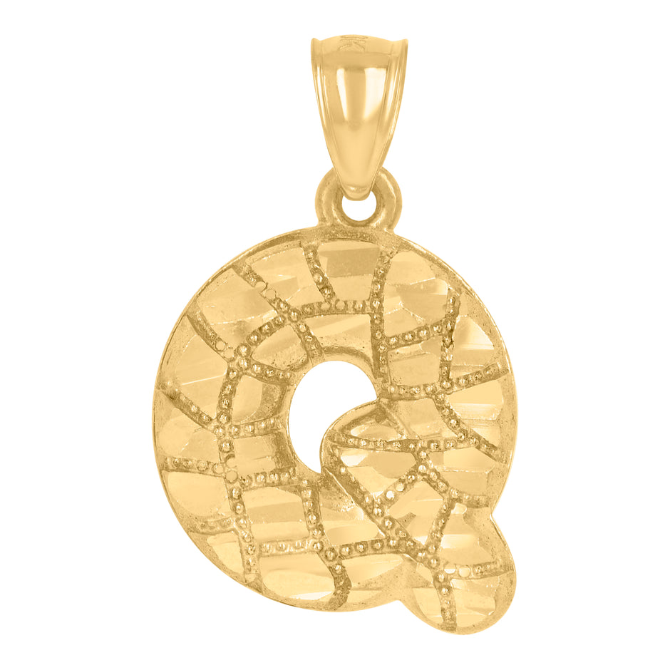 10kt Yellow Gold Unisex Initial Alphabet Q Nugget Charm Pendant