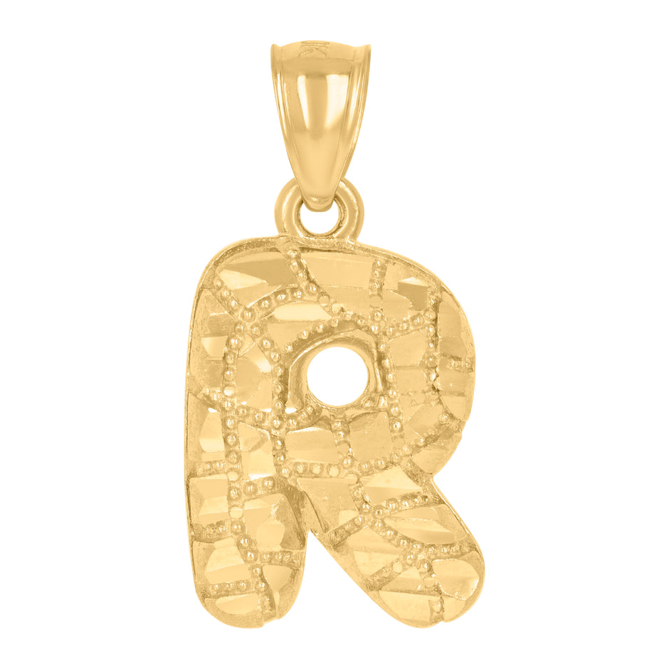 10kt Yellow Gold Unisex Initial Alphabet R Nugget Charm Pendant