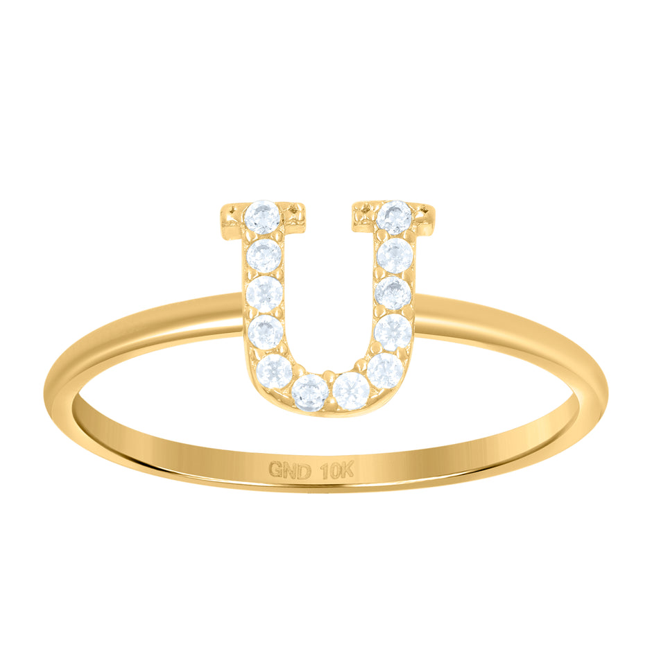 10kt Yellow Gold Womens Cubic Zirconia Initial Alphabet U Ring