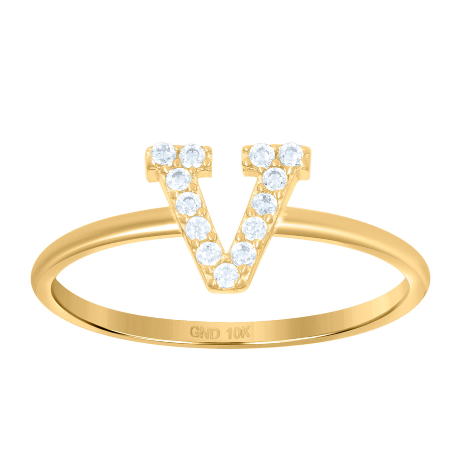 10kt Yellow Gold Womens Cubic Zirconia Initial Alphabet V Ring