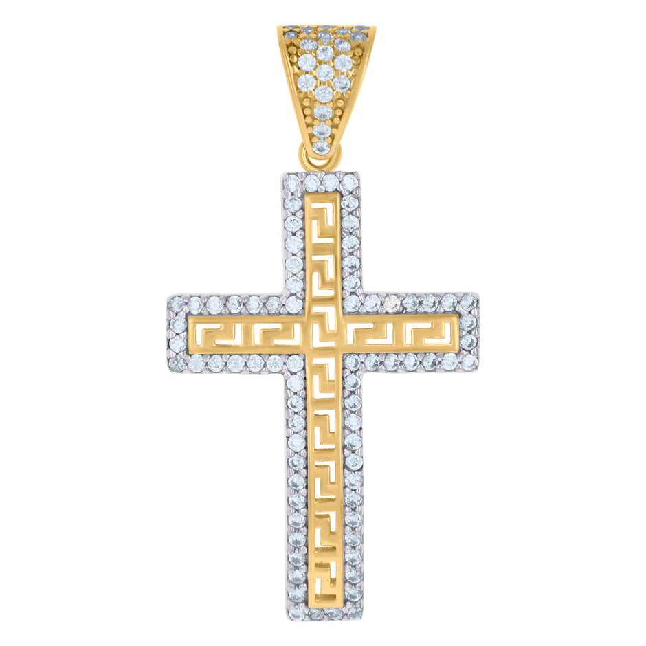 10kt Two-tone Gold Mens Cubic-Zirconia Cross Religious Charm Pendant