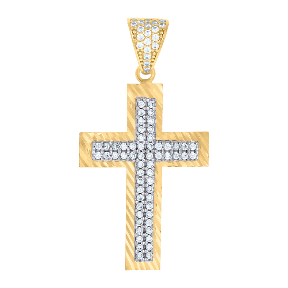 10kt Two-tone Gold Mens Cubic-Zirconia Cross Religious Charm Pendant