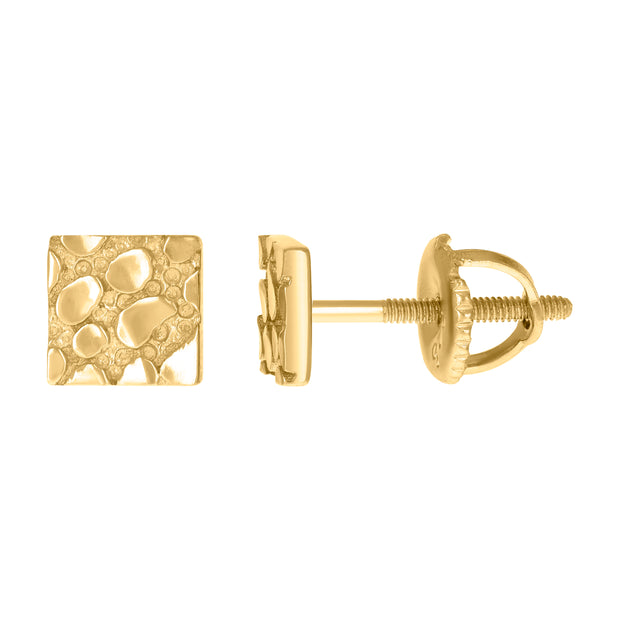 925 Sterling Silver Yellow-tone Unisex Square Nugget Stud Earrings
